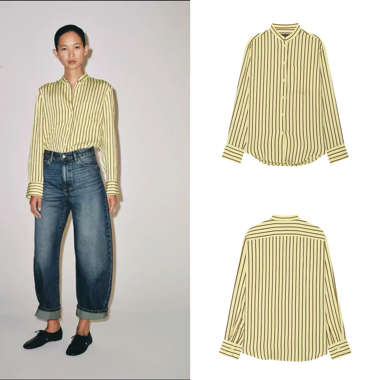 Early Autumn New Arrival Women's Fashion Long Sleeve round Neck Striped Pocket Shirt Loose Fit Polyester Fiber Non-Shrinkable