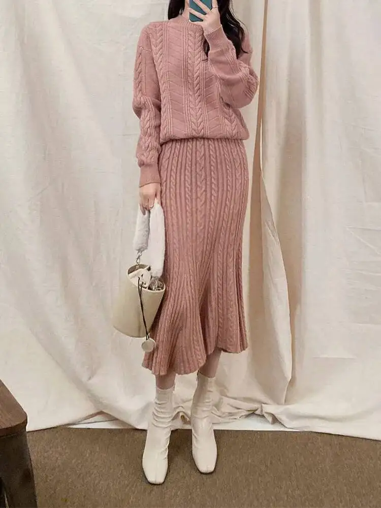 Autumn Winter High Quality Long Sleeve Knitted Loose Pullover Sweater +Women High Waist A Line Skirt Thicken Knitted 2 Piece Set
