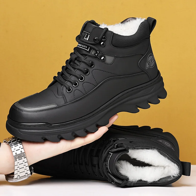 

Зимние теплые мужские кожаные сапоги на меху, удобные высокие водонепроницаемые уличные повседневные спортивные ботинки, мужские кроссовки на платформе
