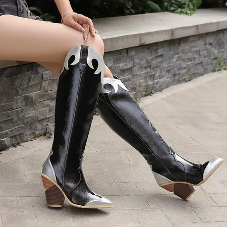 Black White Red Blue Knee High Boots Western Cowboy Boots for Women Long Winter Boots Pointed Toe Cowgirl Wedges Motorcycle Boot