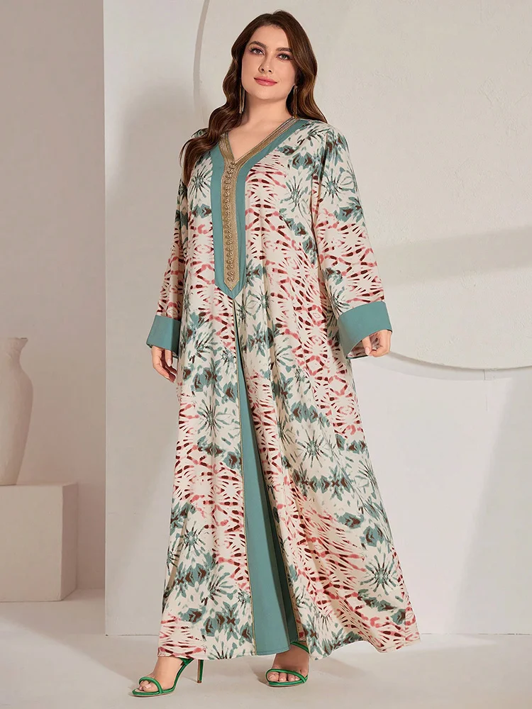 TOLEEN 2024 New Summer Print A-Line Abaya Elegant Long Dresses Plus Size Women\'s Tie-Dye & Patchwork Woven Belt Arabic Clothing