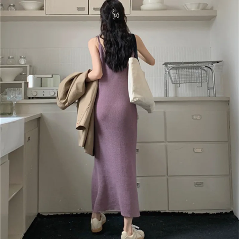 Women Striped Vintage Sleeveless Dress Korean Fashion V-neck Knitted Long Dresses All-match Female Soft  Harajuku Y2k Vestidos