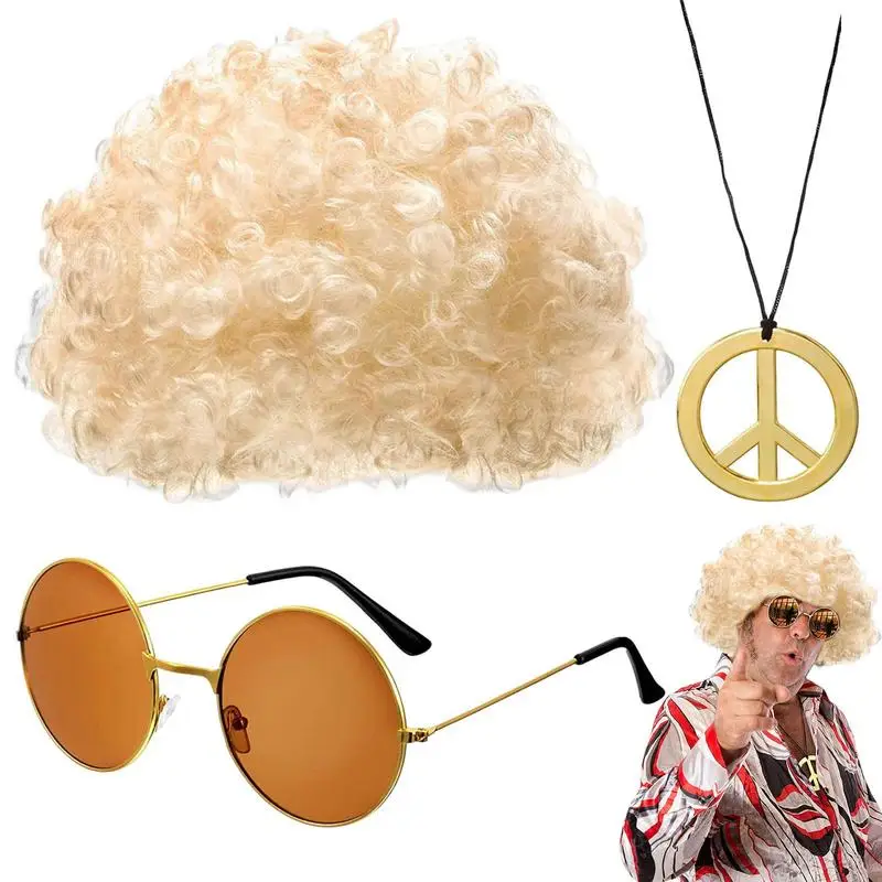 Disco Wig Set Hippie Hair Accessories for Men Includes Afro Wig Sunglasses Disco Necklace 50s/60s/70s Themed Party Supplies