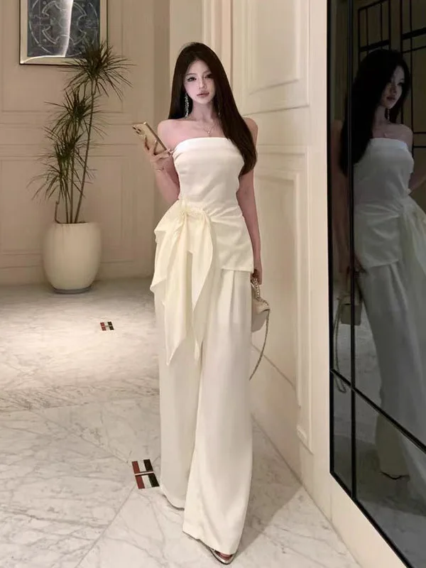 

Elegant Sexy High Waist Wide Leg Pants Set Women's Shoulder Bared Top Bottoms Matching Fashionable Two Piece Suit 2025