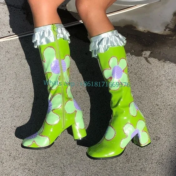 Ruffles Green Print Floral Low Chunky High Heel Boots Dress Knee High Leather Round Toe Boots Women Zip Shoes zapatillas mujer