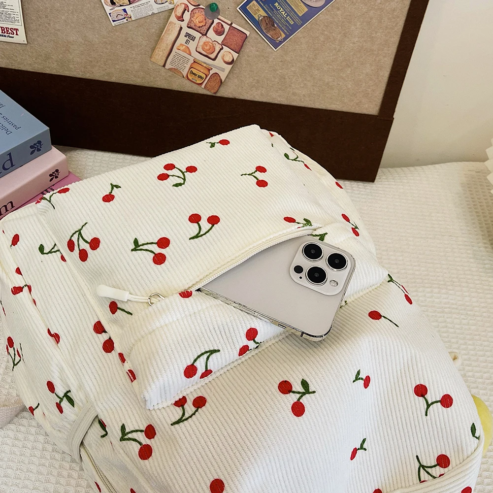 코듀로이 배낭 여성 체리 패턴 여행 데이팩 조절 가능한 스트랩 책가방 지퍼 배낭 작업 쇼핑 학교용