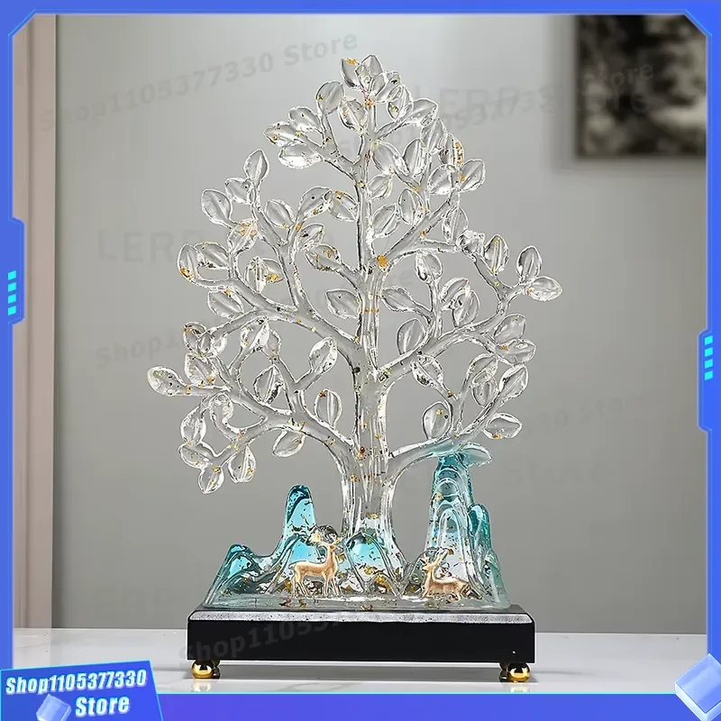 Transparent Resin Art Spray Painting Flower Shape Lucky Tree Ornament Home Decor Gift for Living Room Desktop Decoration
