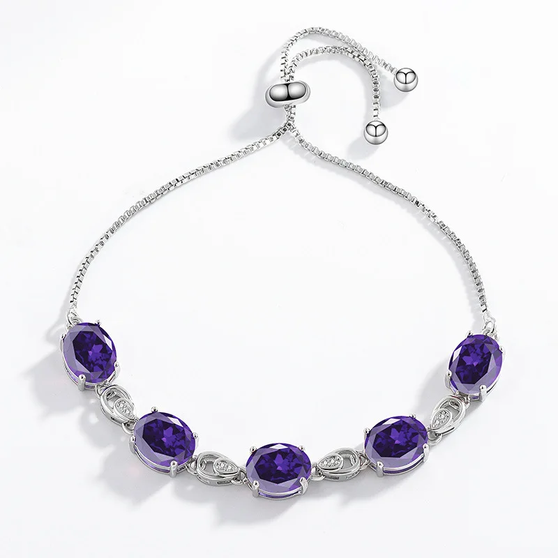 

Amethyst Zircon Bracelet Silver Plated, Colorful Gemstone Beads Chain for Women, Boho Chic Jewelry Gift for Her, Free Shipping