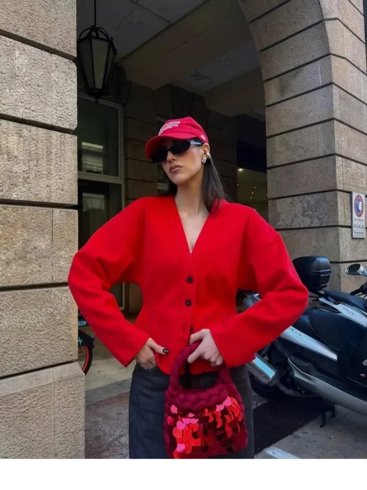 

Red V Neck Slim Short Jacket For Women Long Sleeves Single Breasted Cropped Coat 2024 Spring Fashion Female High Street Outwears