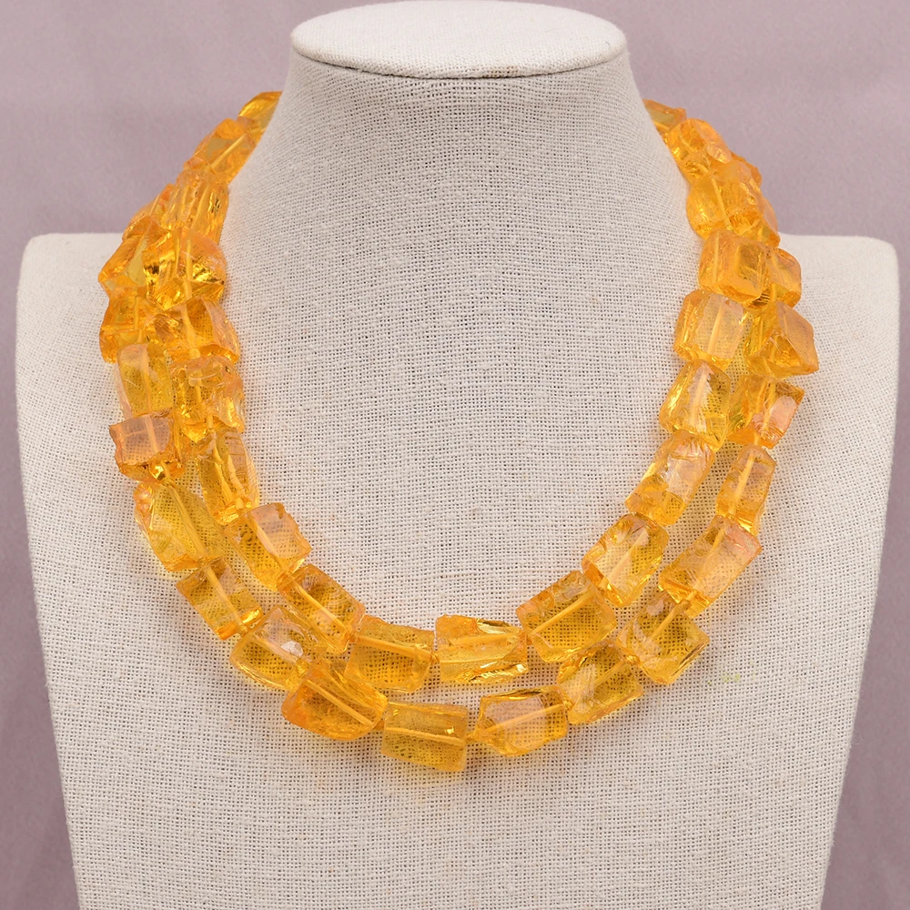 

GG 18'' 2 Rows Natural Yellow Glass Rough Raw Quartz Nugget Necklace Multi Strands Jewelry Handmade For Lady