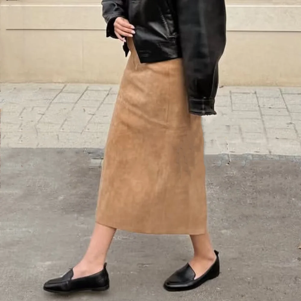 New Autumn Winter High Waist Suede Pencil Skirt Women Midi Calf Midi Long Package Hips Back Slit Skirts Khaki Coffee