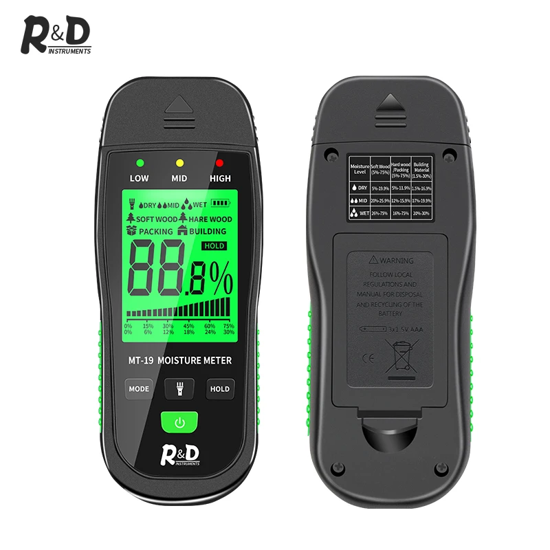 R&D MT-19 Wood Moisture Meter Digital Humidity Meters Wall Hygrometer Timber Damp Detector Building Humidity Tester Carton