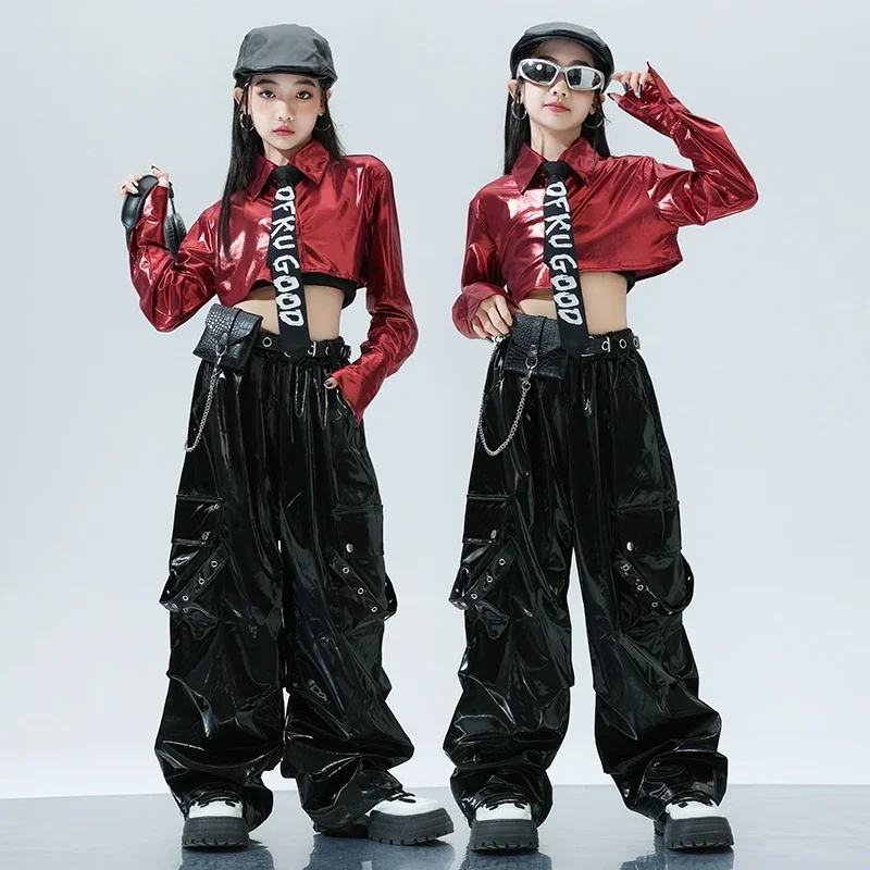 

2024 Kid's Hip Hop Dancing Set Girl's Street K POP Performance Costume Jazz Dance School Team Outfit Red Vest Black Pants XH1511