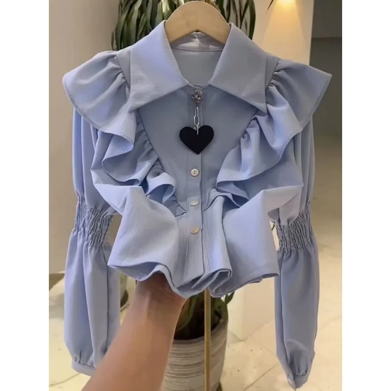 

Ruffled Puff Sleeve White Shirt for Women's Spring Design Sweet French Long-sleeved Top