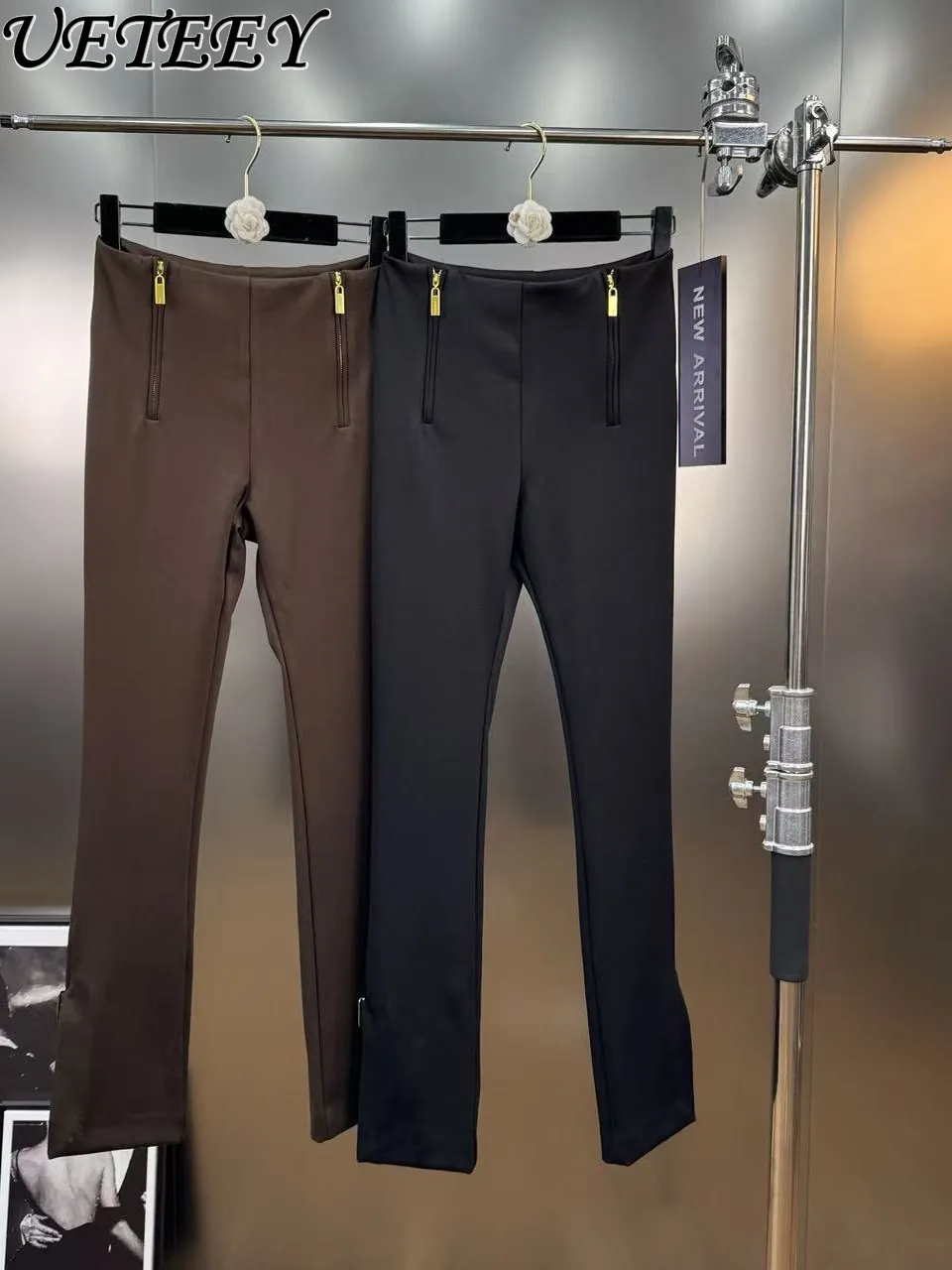 

2025 New Autumn Winter High-Elastic Double Zipper Split Straight Long Pants Women Outwear Commuting Style Slim Fit Casual Pants