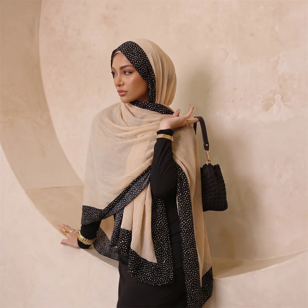 Solid Crinkle Rayon Hijab Scarf Polka Dot Contrast Pleated Border Lightweight Muslim Women Headscarf Wrap Fashion Islamic Turba