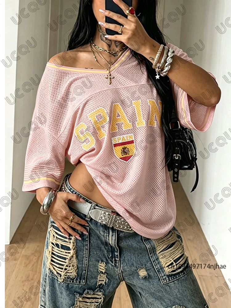 2026 Sommer Neues Spanien-Flaggen-Print T-Shirt für Damen V-Ausschnitt Kurzarm Tees Fußballtrikot Y2k Locker Übergroße Sport-Tops – Detail 6