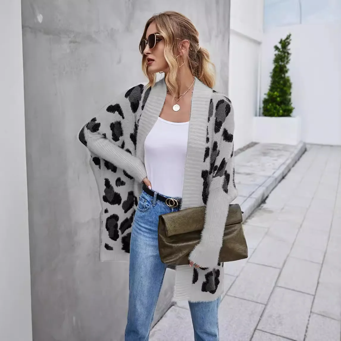 Women Cardigan Sweaters Knitted Long Coats Full Sleeve Jumpers Y2k Streetwear Elegant Splice Knit Leopard Print Autumn Winter
