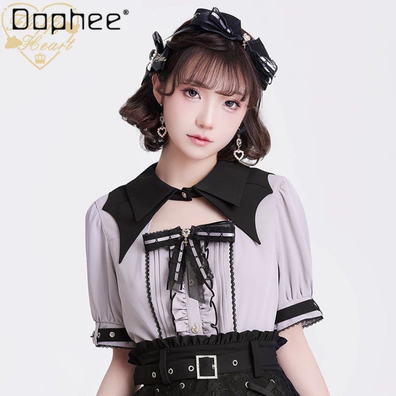 

Japanese Style Cute Lace Hollow Bat Collar Shirt for Women 2024 New Original Sweet Purple Gray Short Sleeve Blouse Femininas