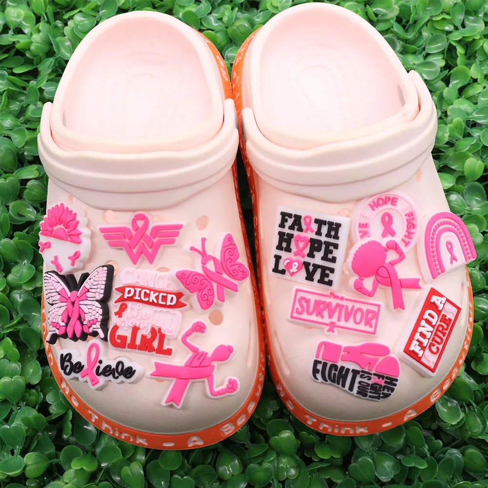 Mix 50pcs PVC Shoe Charms Believe Fight Cancer Picked The Wrong Girl Survivor Faith Hope Love Sandal Shoes Decoration Adult Gift