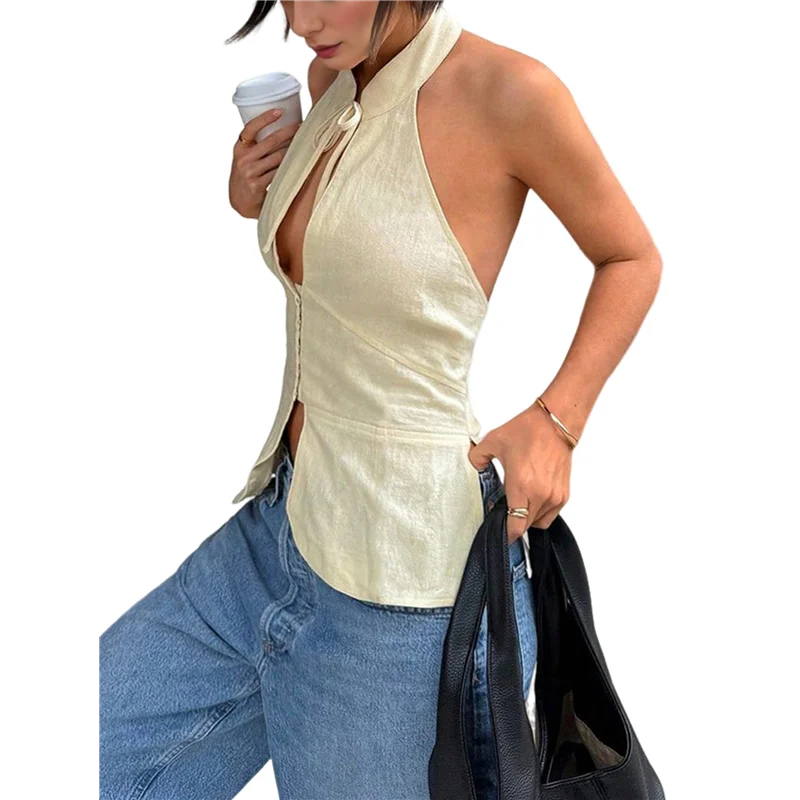 FX – Blusa feminina de verão com frente única, sem mangas, corte com laço e costas nuas