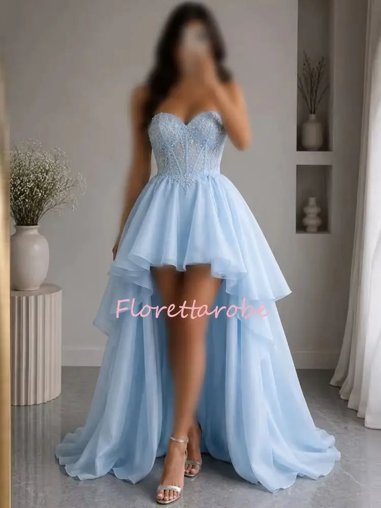 Long Puffy Organza Prom Dresses Formal High Low Ball Gown for Women Ruffles Strapless Evening Gown Party Dress with Train Custom