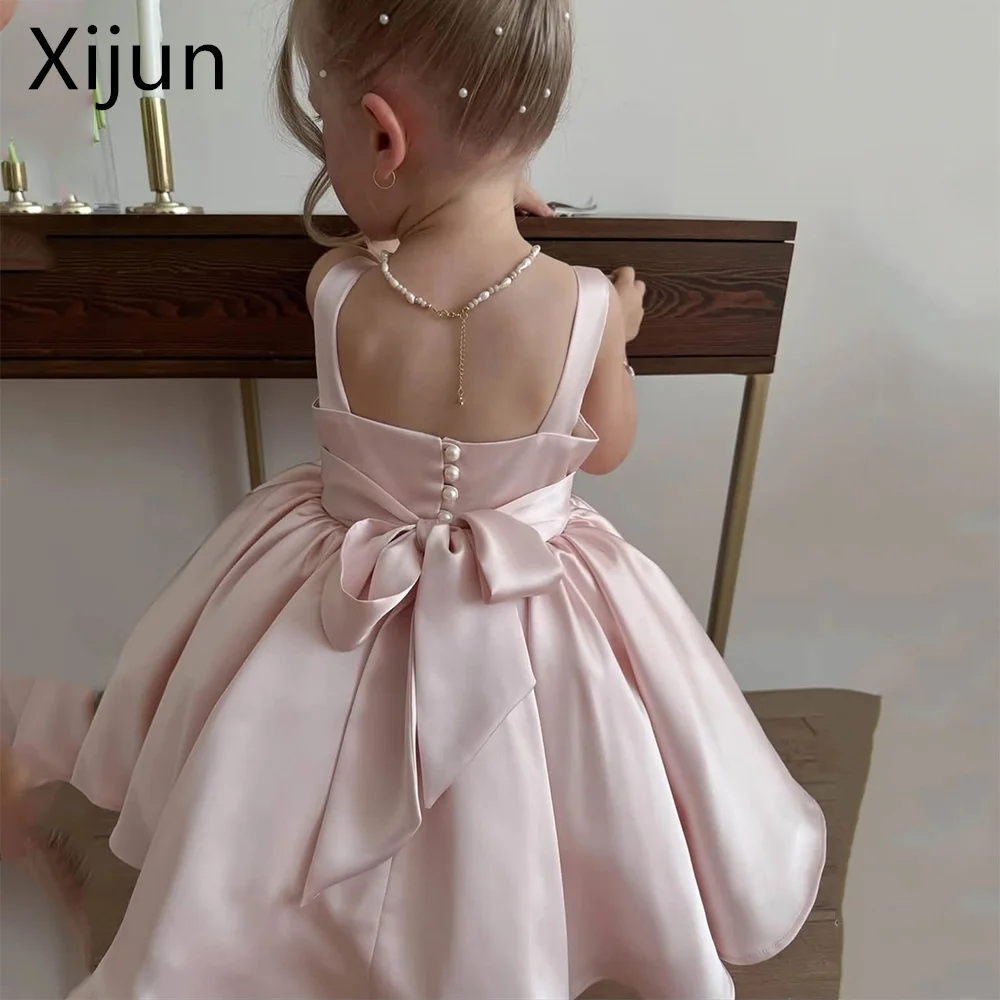 Xijun Luxury Satin Flower Girl Dresses Bow Pearls Gown Dresses Spaghetti Strap Kids Birthday Dresses 2026 Customized
