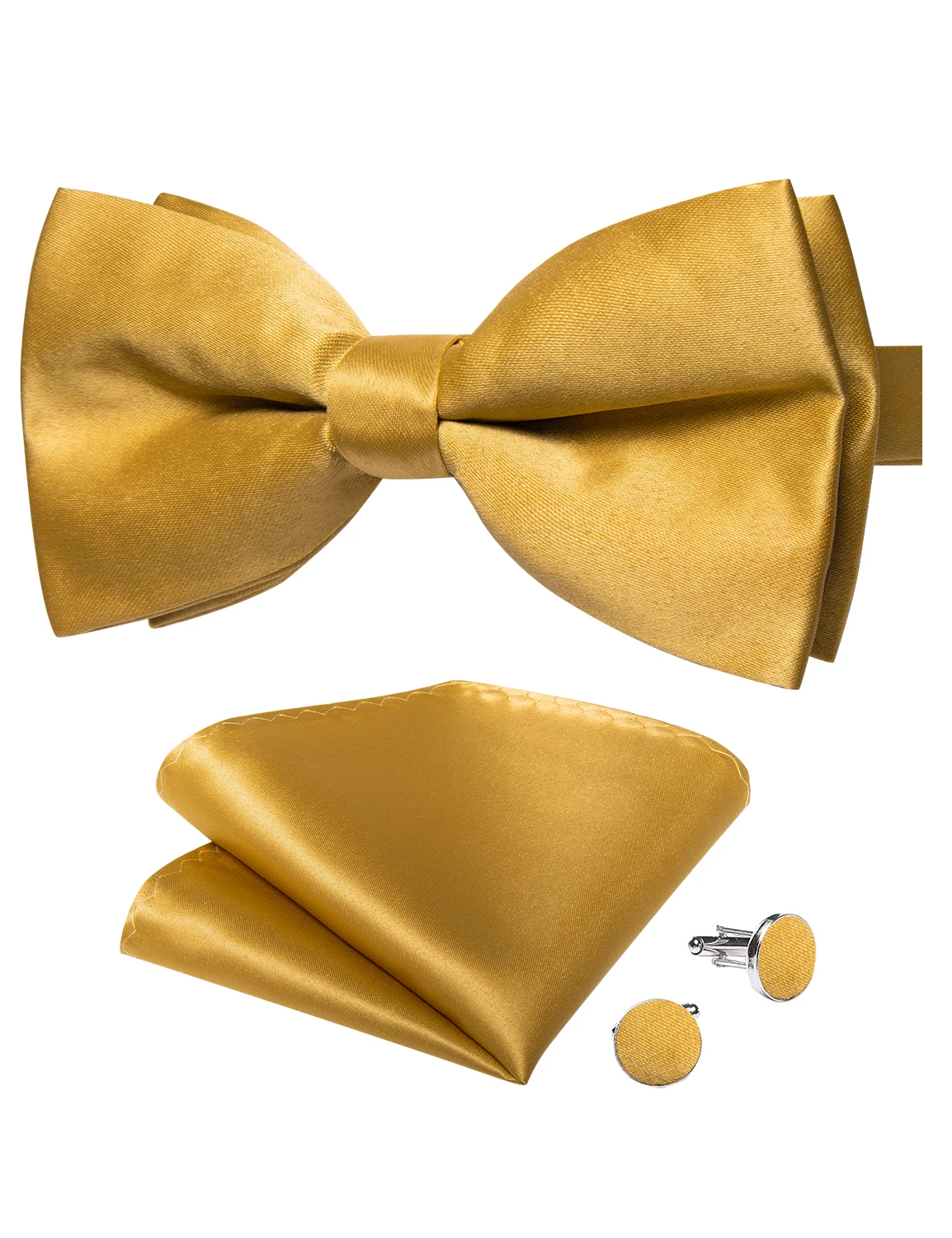 Klassische vorgebundene Fliege für Herren, Accessoire, goldfarbene Herrenfliege, Einstecktuch, Manschettenknöpfe, Set, Hochzeit, Business, Schmetterlingsknoten, Geschenke – Detail 6