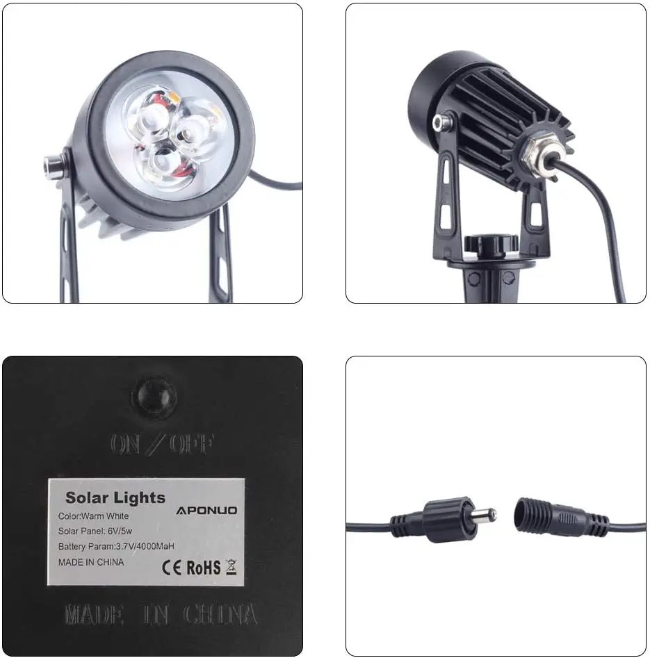 مصابيح كشاف تعمل بالطاقة الشمسية في الهواء الطلق مع كابل 9.8 قدم، مقاومة للماء IP65، تشغيل/إيقاف تلقائي لمسار ساحة الحديقة - أبيض دافئ (4 في 1)