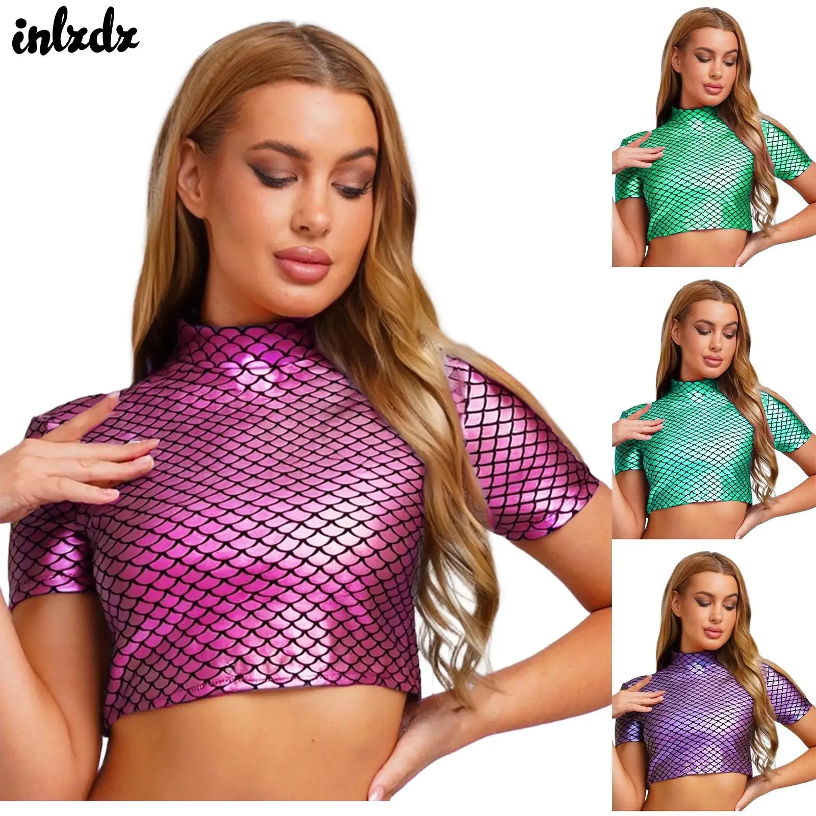 

Женский укороченный топ с принтом русалки и рыбьей чешуи на Хэллоуин, металлическая блестящая укороченная футболка на молнии сзади, Клубная одежда, костюм для танца на пилоне, костюм для рейв-вечеринки