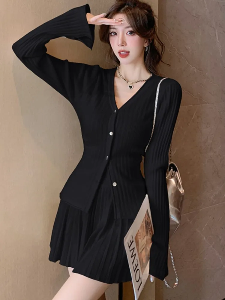 Y2K Elegant Two-piece Solid Skirt Sets Women V-neck Long Sleeve Knitted Cardigan + Mini Pleated Skirt Autumn Korean Chic Suit