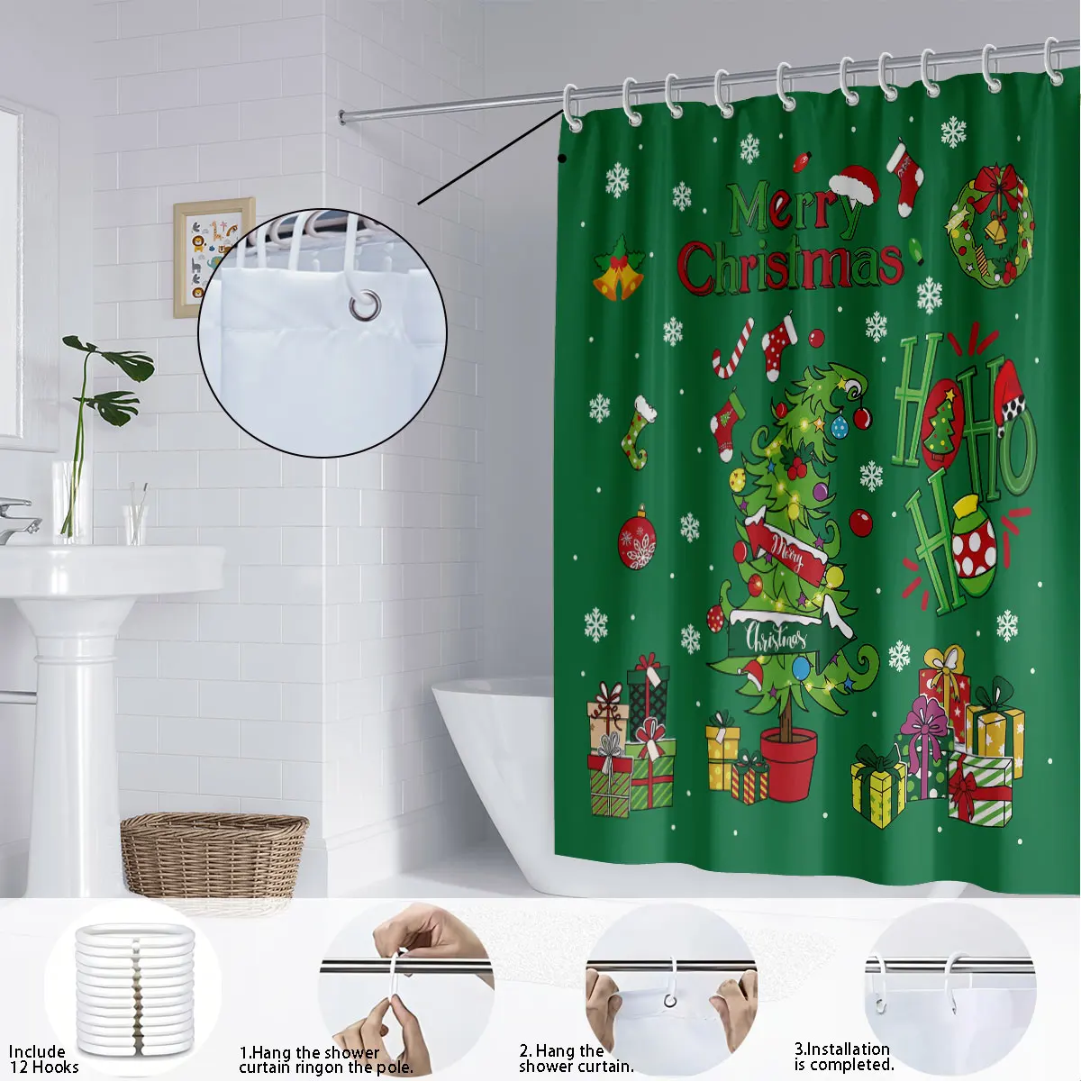 1pc Merry Christmas Green Printed Waterproof Shower Curtain with 12 Hooks, Available in Multiple Sizes and Machine Washable