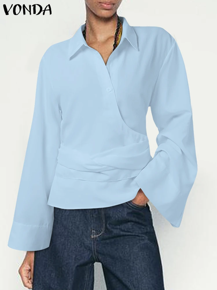 

VONDA Women Fashion Shirts 2025 Autumn Long Sleeve Elegant Office Lady Tops Solid Blouses Casual Lapel Collar Bandage Shirts