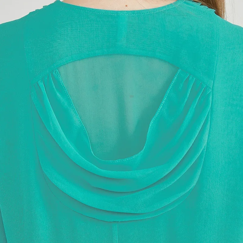 VOA seda Georgette de tres capas azul claro Tops con cuello en V mujeres hongo flor manga de murciélago cintura suelta camiseta de seda recta BE1611