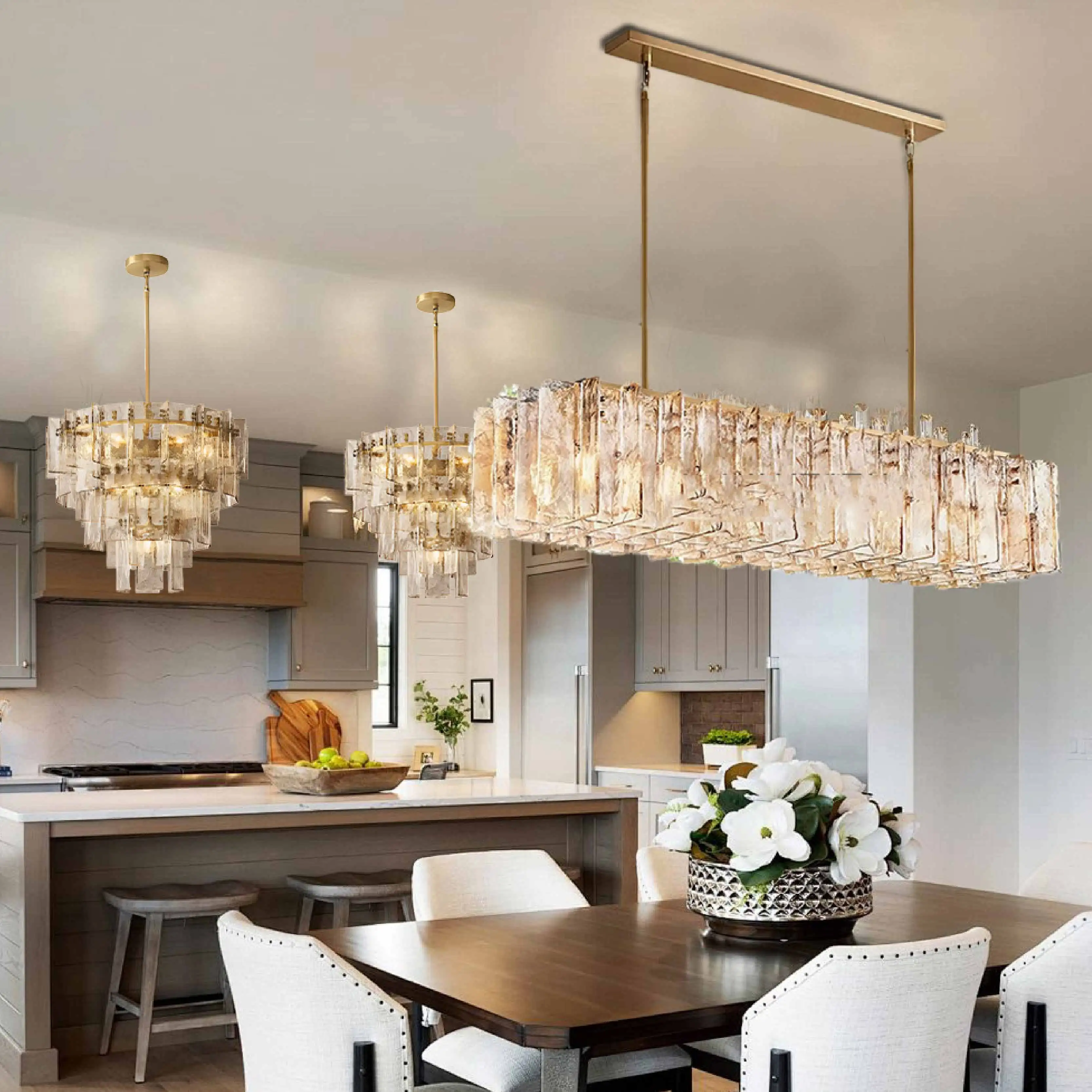 

Nordic Smoke Grey Glass Lamp Round Long Brass Gold Lustre 3 Color Dimmable for Living Dining Ceilings
