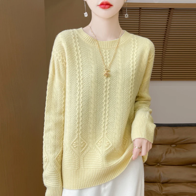 2024 Autumn/Winter New 100% Wool Knitted Sweater Women's Solid Color High end O-neck Pullover Shirt Loose Korean Fashion Top