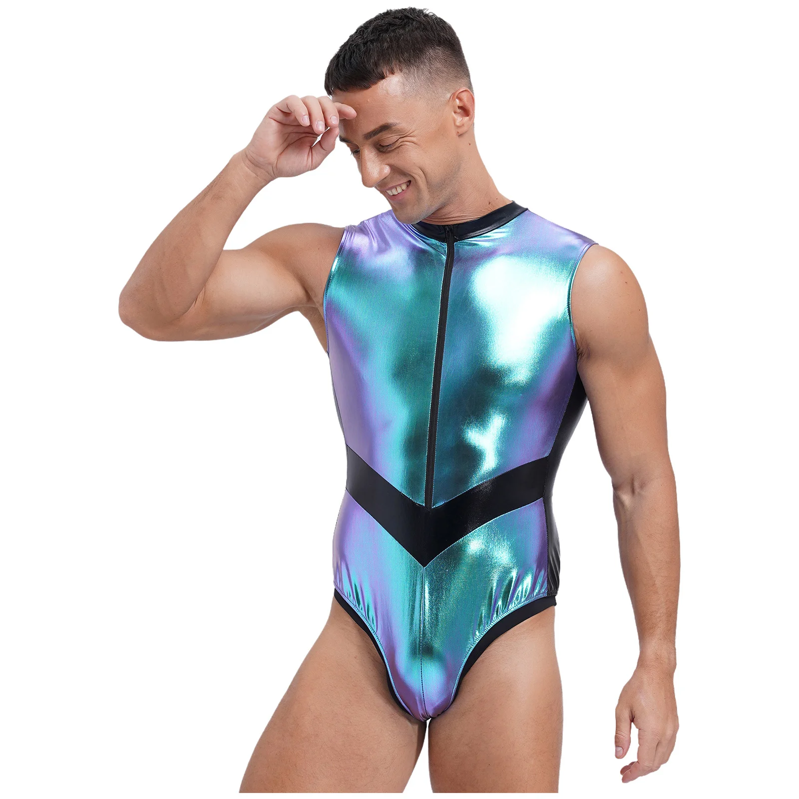 Body metálico brillante para hombre, cuello levantado, sin mangas, leotardo de corte alto, holográfico, espectáculos de escenario, traje de una pieza