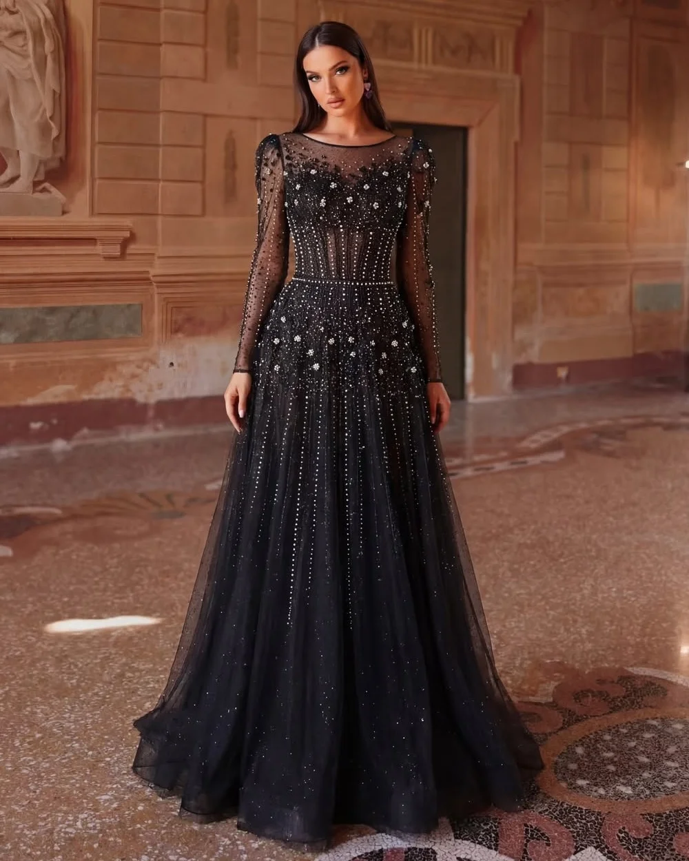 

Customized Luxury Women O-Neck Beading Sequined A-line Evening Dresses Elegant Tulle Long Sleeves Ruched Floor Lenght Prom Gown