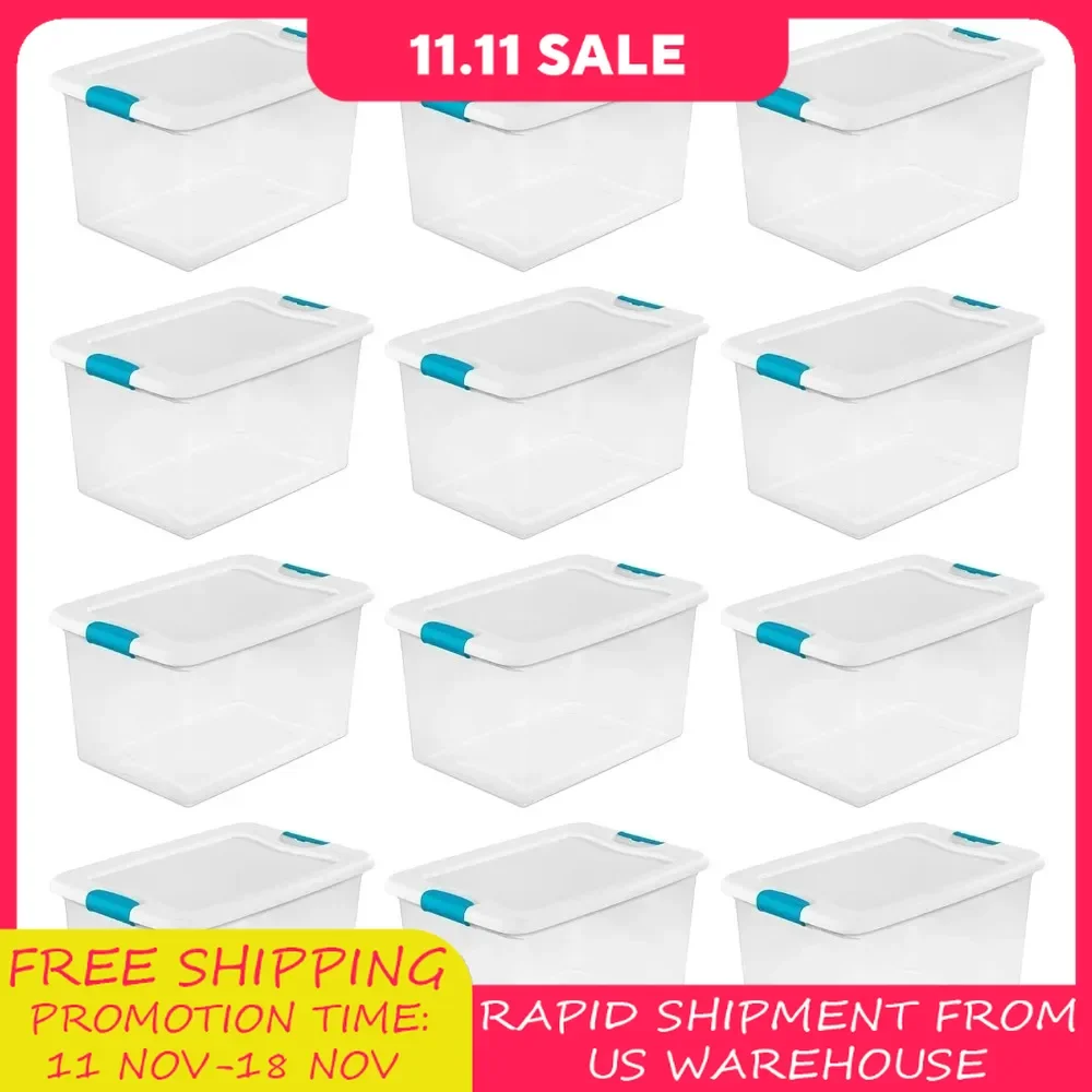 12-Pack Sterilite 64 Qt Latching Storage Box Stackable Bin with Latch Lid Plastic Container To Organize Clothes in Closet