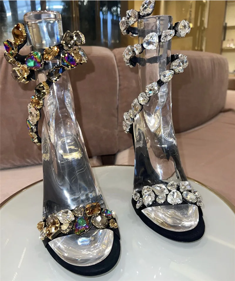 

Женские сандалии со стразами и ремешком на щиколотке с кристаллами, круглые роскошные летние туфли без шнуровки на очень высоком каблуке с открытым носком