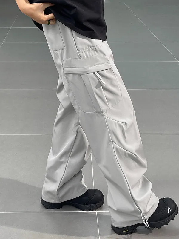 Ice Silk Work Trousers Men's Summer Thin Wide Leg Pants Big Pocket Straight Cut American Functional Tactical Cargo Pants
