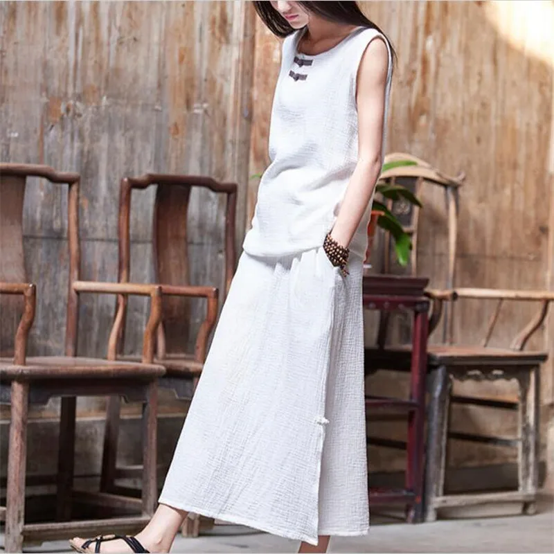 2024 New Spring Chinese Style Lady's Cotton Skirts Summer Casual Loose Split Long Skirts Female Clothes 11 Colors Vestidos