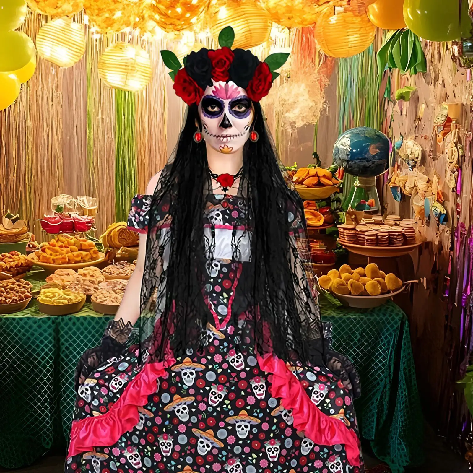 

Костюм День мертвых, перчатки, серьги, комплект, кружевные перчатки, вуаль, серьги, ожерелье, украшение костюма для женщин