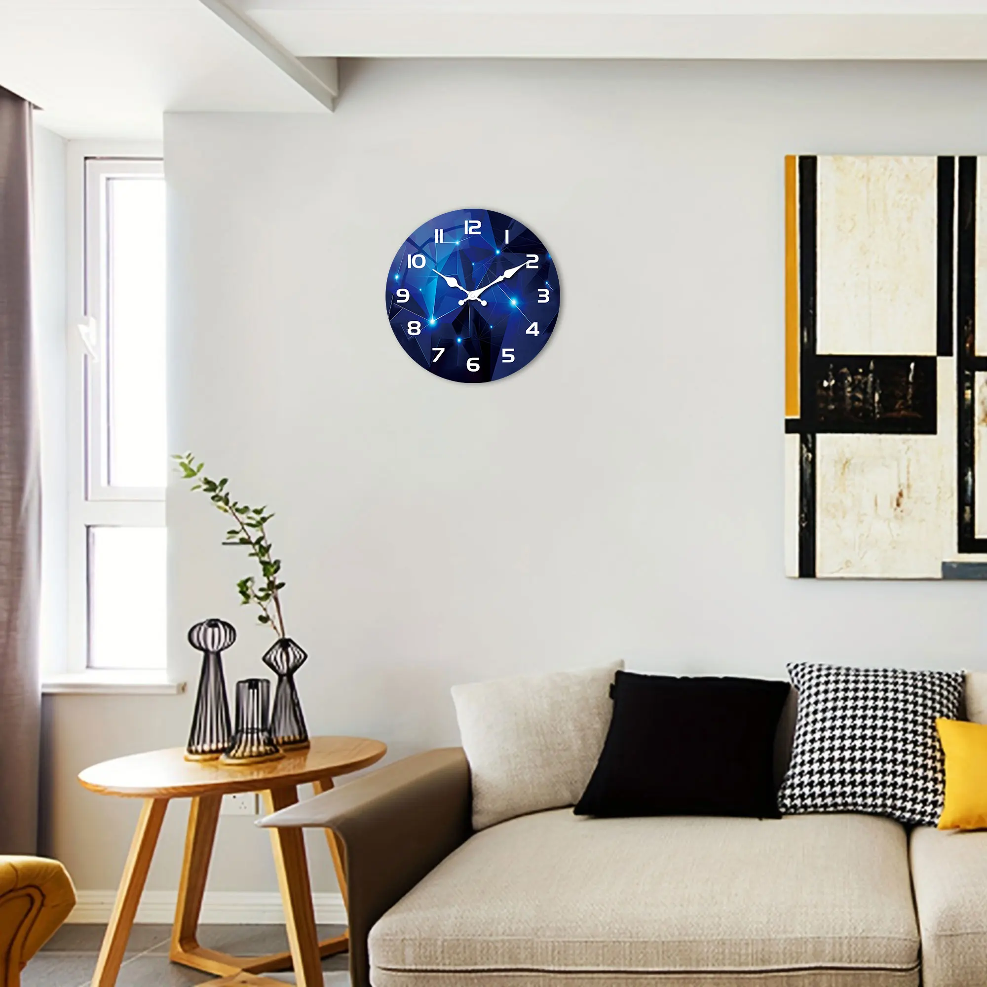 ساعة حائط خشبية قطعة واحدة، عناصر هندسية - ساعة حائط بتصميم خيال أزرق داكن، ساعة كوارتز صامتة، لغرفة المعيشة وغرفة النوم،