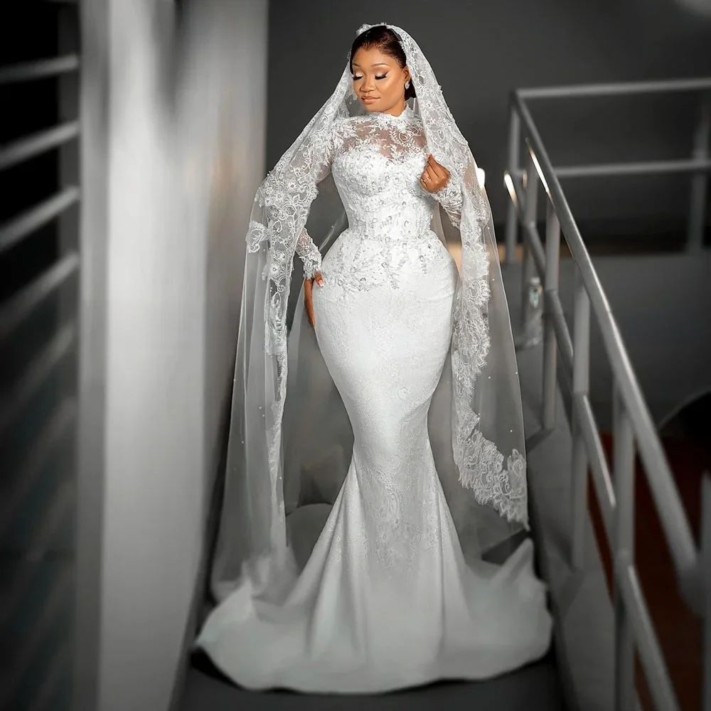 Customized Vintage Appliques Beads Mermaid Wedding Dress Sweep Train Robes De Mariée High Collar Long Sleeves Bridal Gown