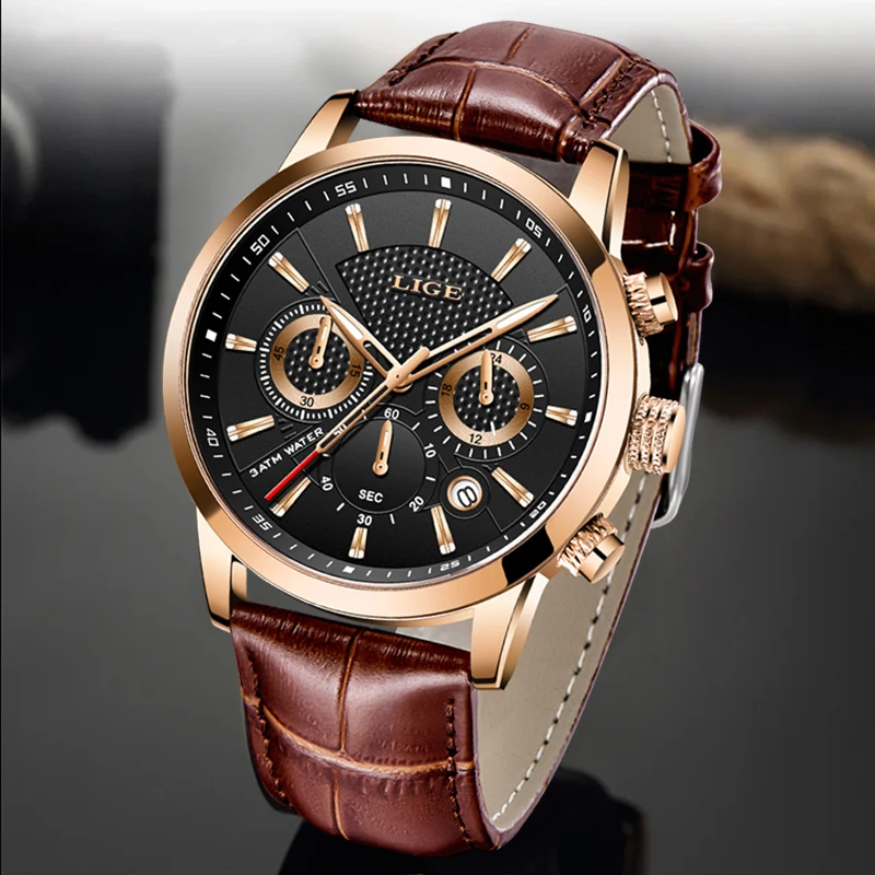 LIGE Luxury Watch Men Leather Sport Watches Men\'s Army Military Quartz Wristwatch Chronograph Male Clock Relogio Masculino+BOX