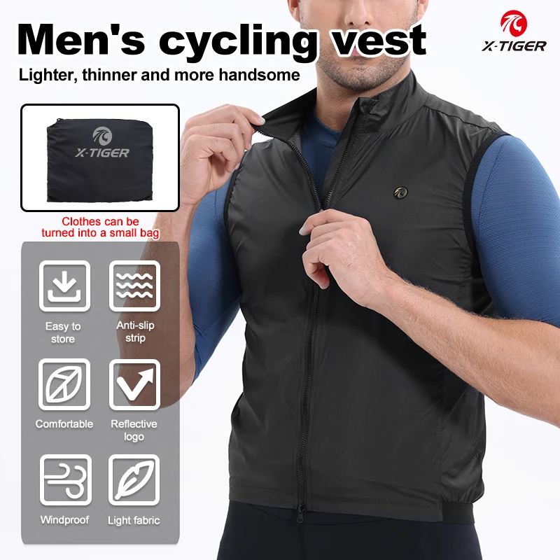 

X-TIGER Men Jerseys Windproof Lightweight Cycling Sleeveless Jacket Bike Uniform Bicycle Jersey Clothing Vest behind Breathable