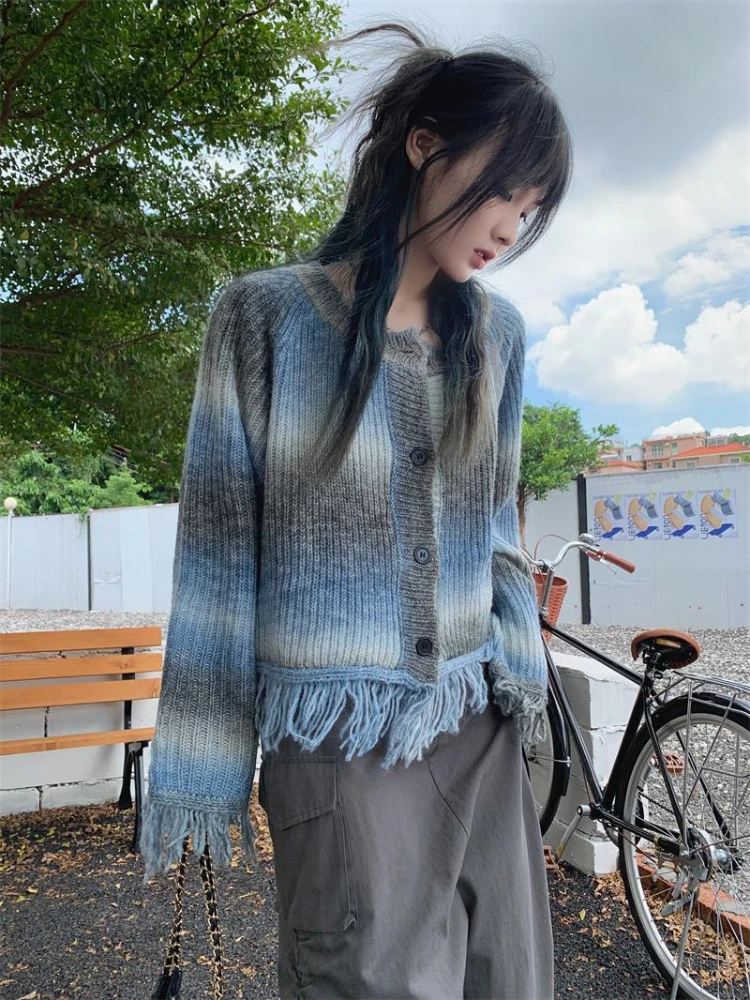 Y2K Sweater rumbai kardigan wanita, jaket atasan Crop rajut ikat antik Harajuku rajutan longgar Korea musim gugur 2023