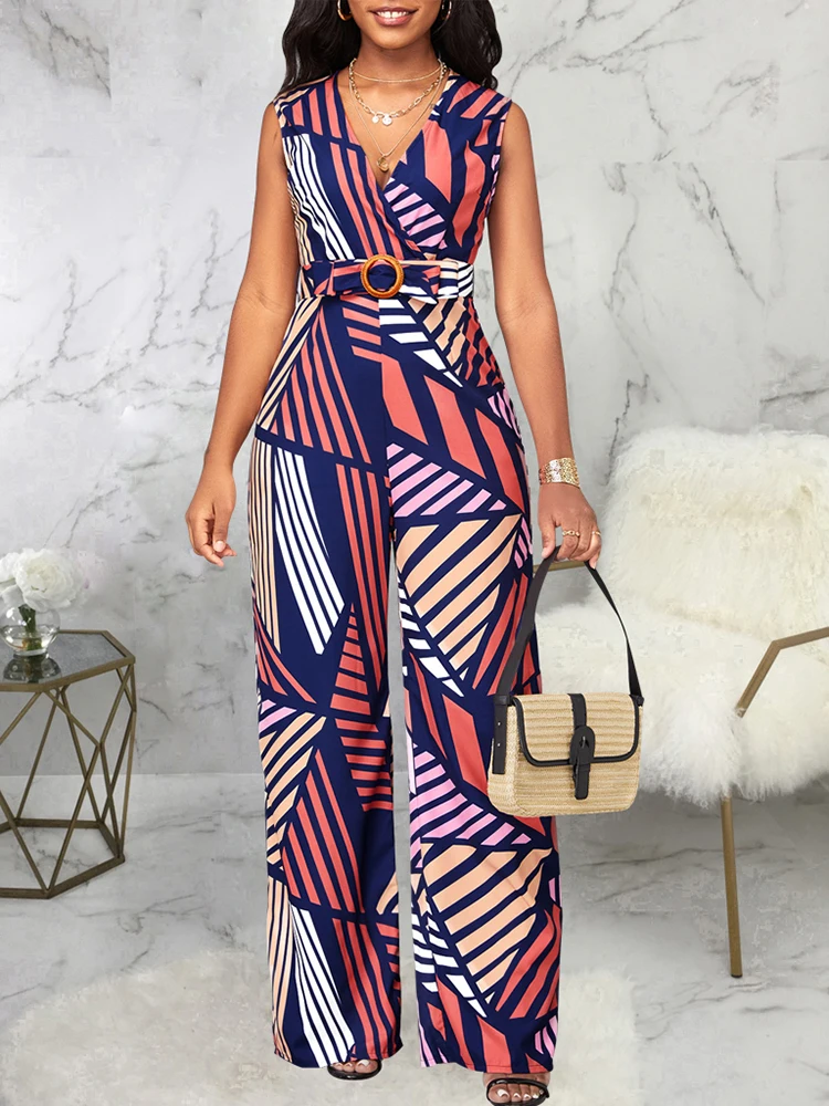 2023 New Summer Geometric Printed Sleeveless V-neck Jumpsuit of One Fashion Casual Pieces for Women Elegant Female