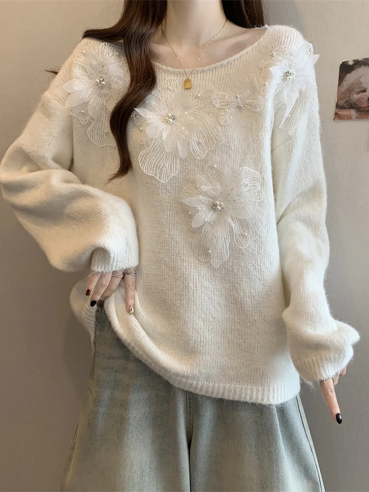 

Ladies' Knitted Sweater round Ne Sparkling Sequins White Slimming Top Spring Autumn Faion Commute Sle Loose Fit Long Sl...